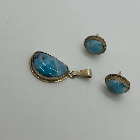 Vintage Sterling Silver Larimar Pendant Earring Set 925 Blue Pectolite Cabochon - Picture 10 of 11